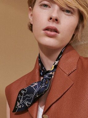 LUXURY Silk Ribbon Scarf NAVY, WARM tones & Black Parisiens Pets playing EUC